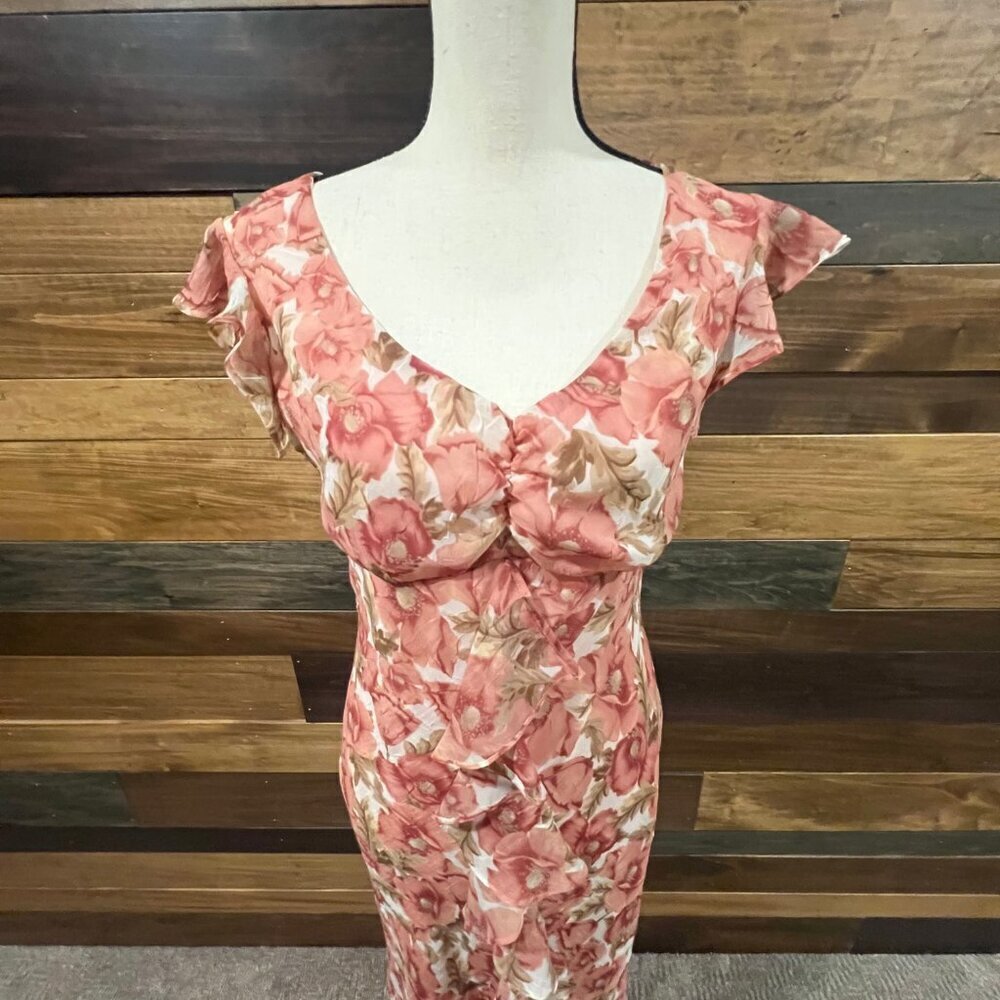 90's Y2K Pink Peach Floral Flowing Ruffle Summer Dress, Wedding Guest Size 11/12